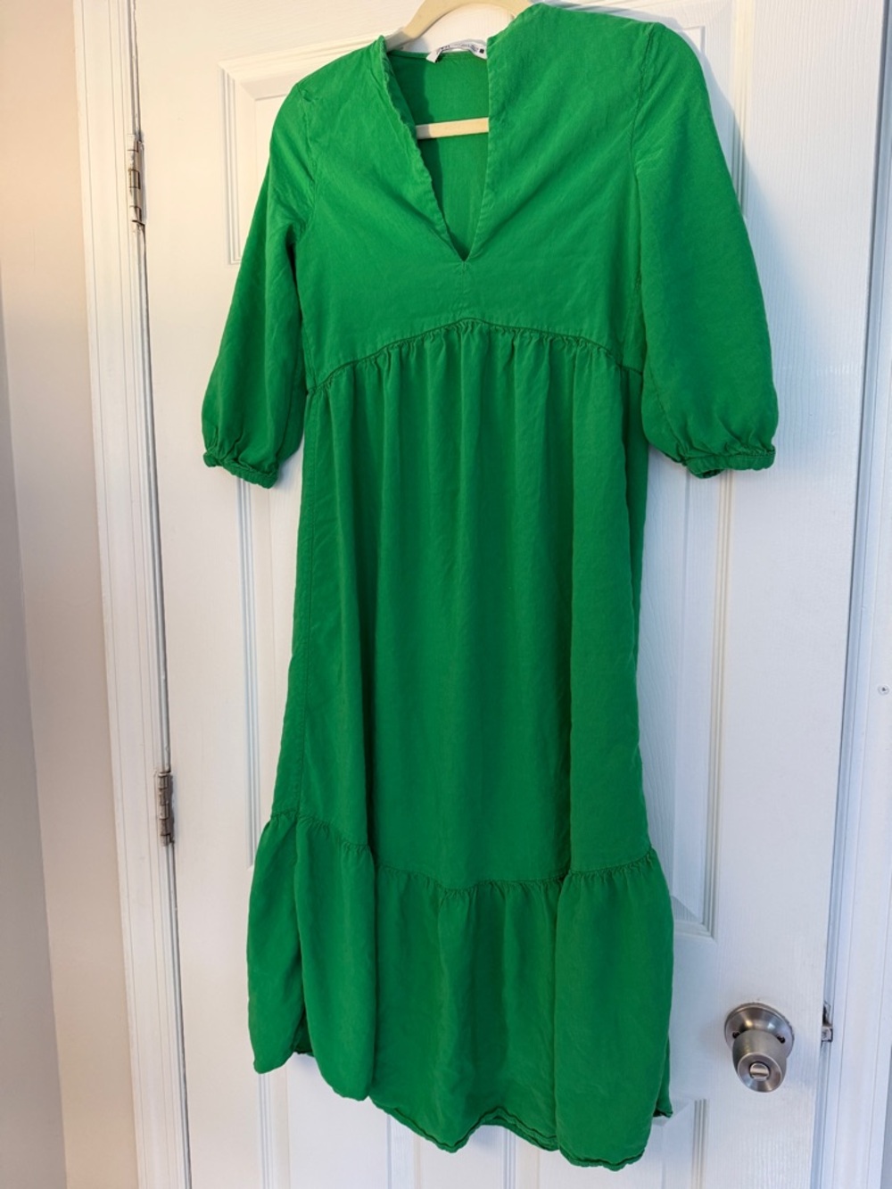 Zara Women Bright Green Tiered V-Neck Dress
